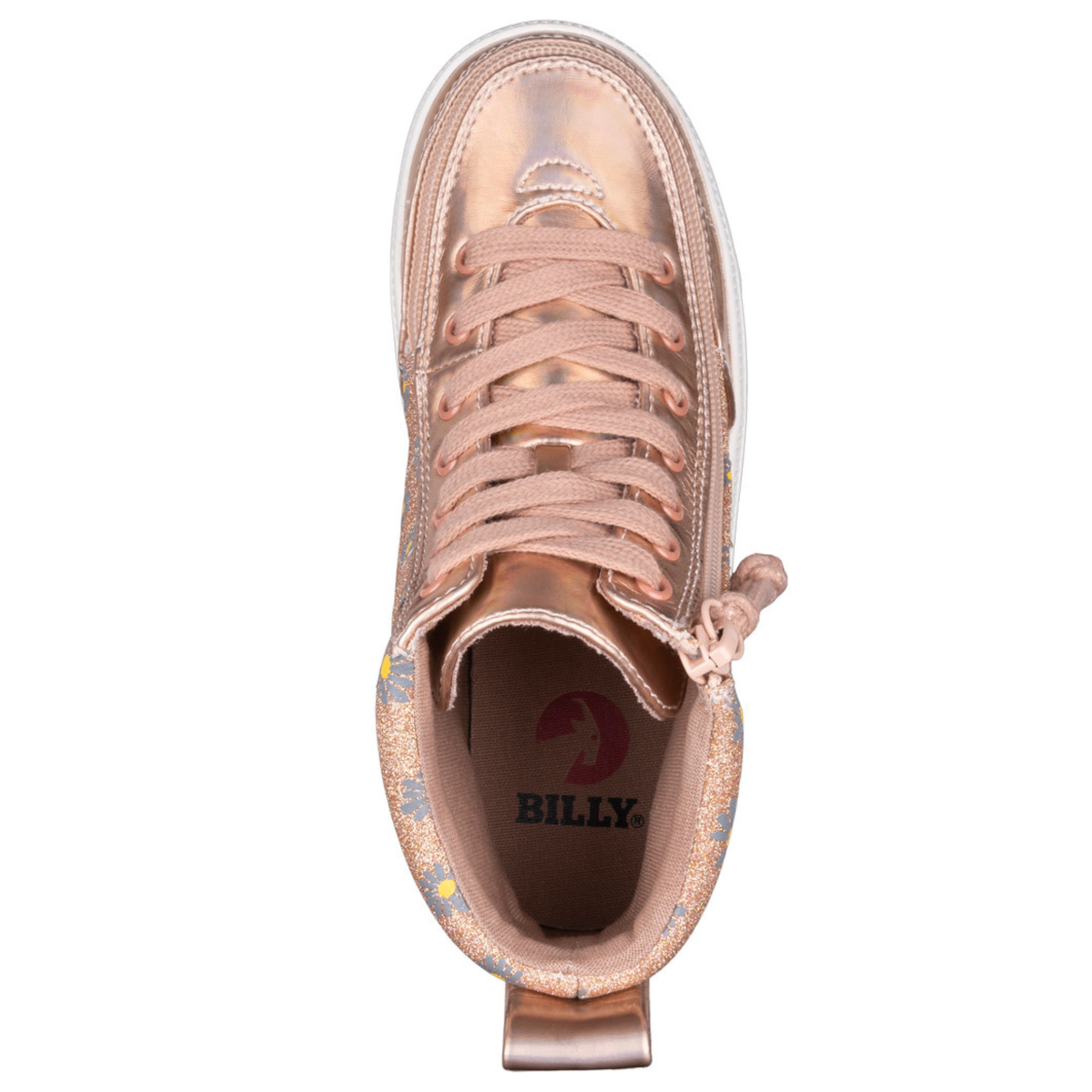 Billy Footwear (Kids) - High Top Rose Gold Daisy Faux Leather Shoes