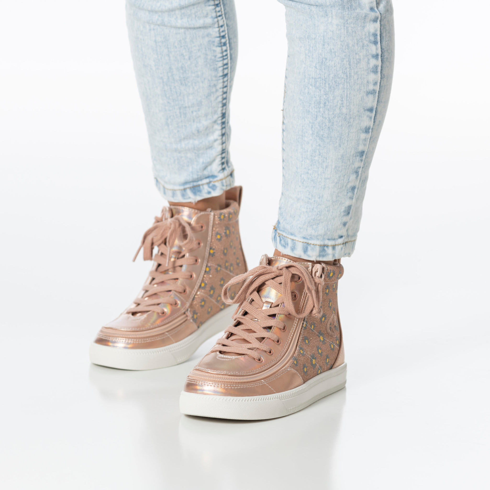 Billy Footwear (Kids) - High Top Rose Gold Daisy Faux Leather Shoes