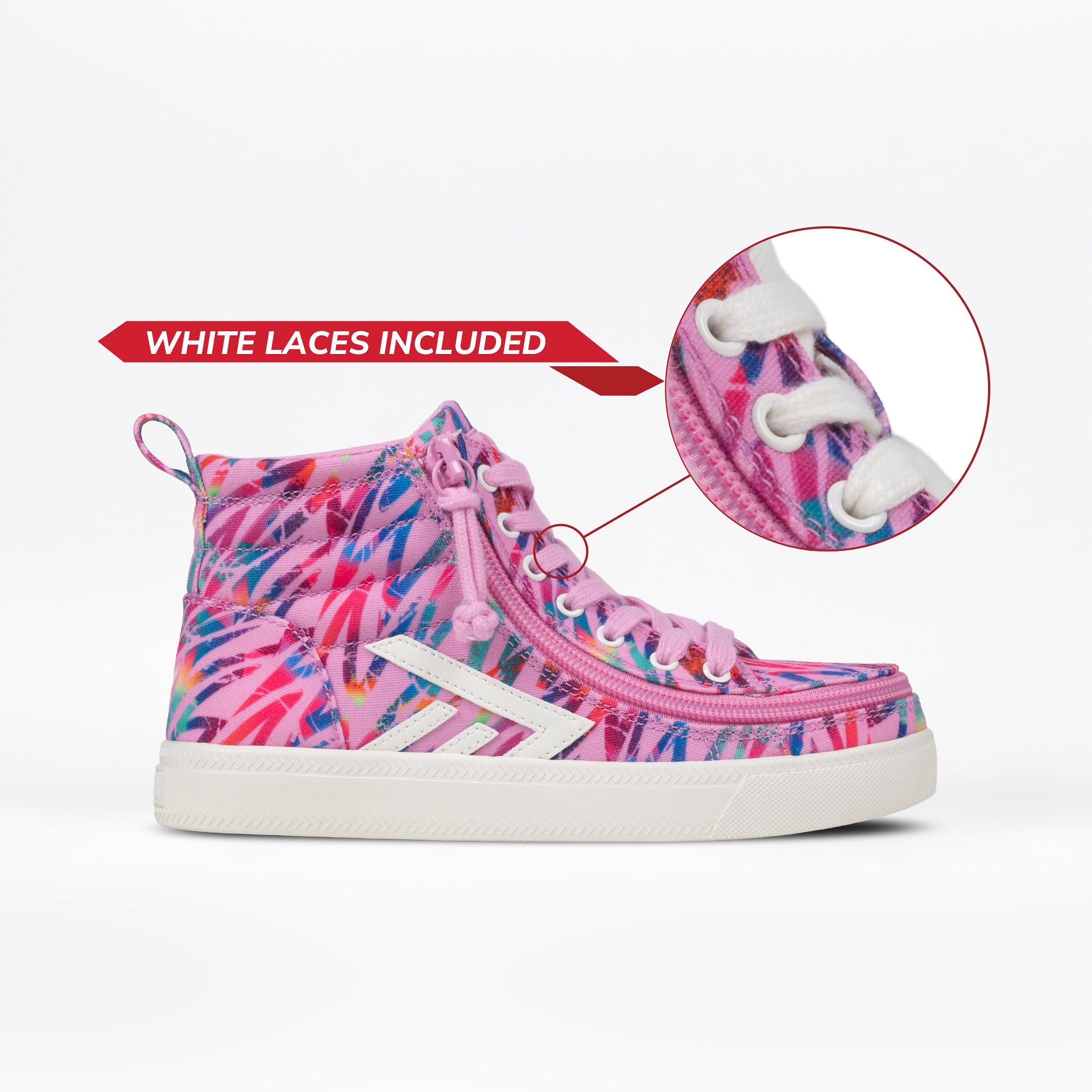A pink high-top sneaker with a colorful abstract graffiti-style print, featuring a white sole and white laces. An inset circle highlights the white laces, and a red banner says 'WHITE LACES INCLUDED'.