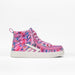 A high-top sneaker featuring a vibrant pink, blue, and red abstract brushstroke pattern, with a white side stripe, pink laces, and a white rubber sole, shown against a plain white background.