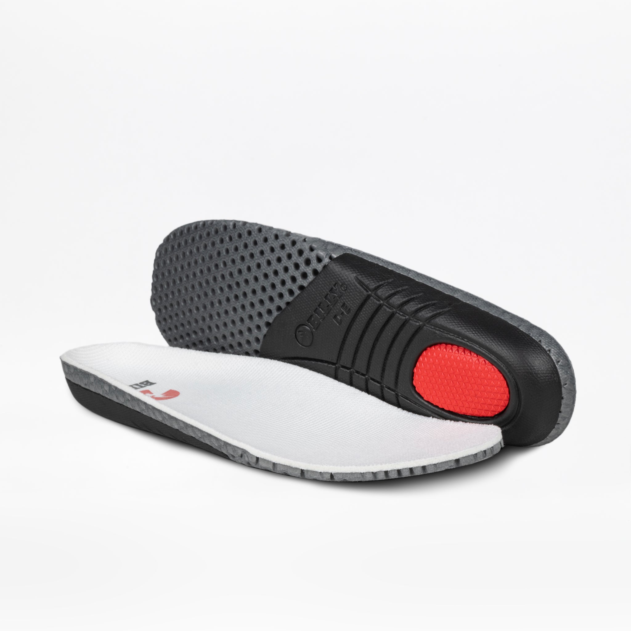 Specialist shoe orthopaedic insole with black and red design on a white background