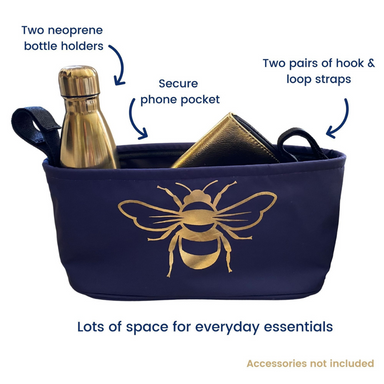 BundleBean_wheelchair_organiser_navy_gold_bees_extra_deep_for_cups_and_bottles